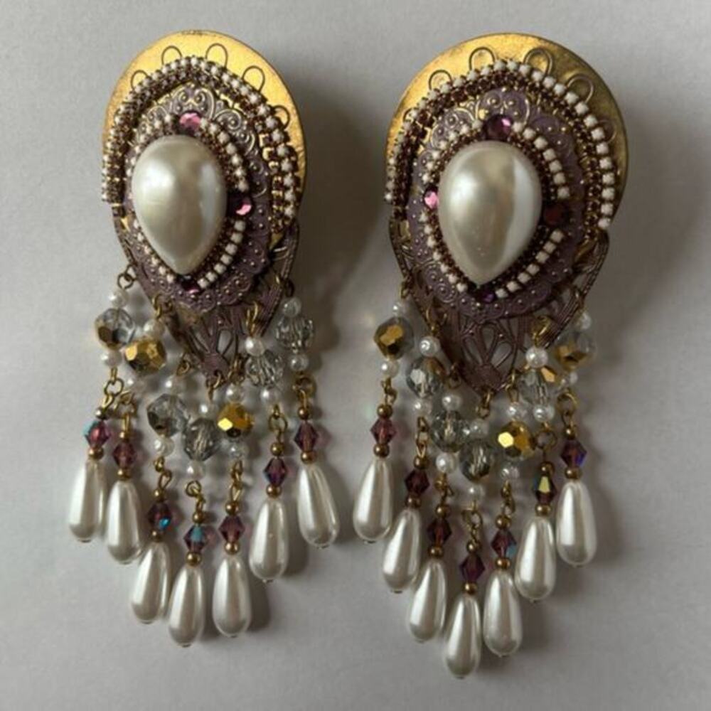 Huge Vintage 1980s Brass Gold Tone AB and Pearl Beaded Dangle Earrings B2